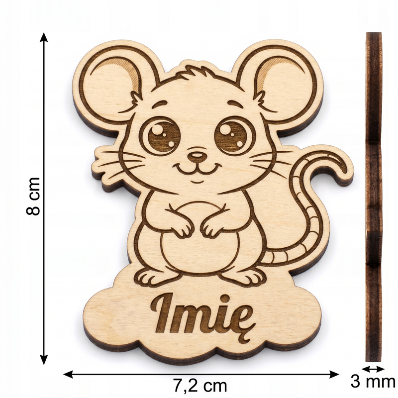 Magnes drewniany personalizowany z Twoim napisem „Myszka” — 8 cm