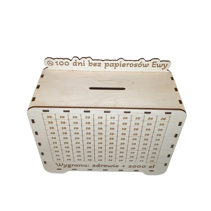 Wooden piggy bank with a target / crossword puzzle. Quit smoking.