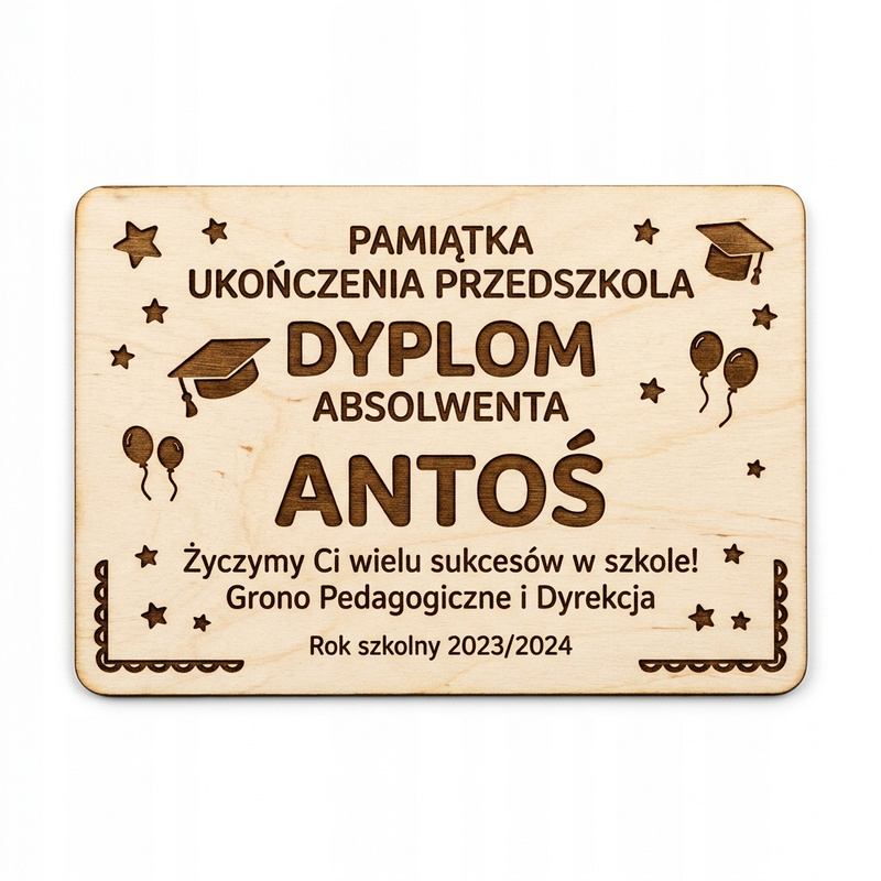 Drewniany dyplom Absolwent Przedszkola z imieniem dziecka – pamiątka ze sklejki