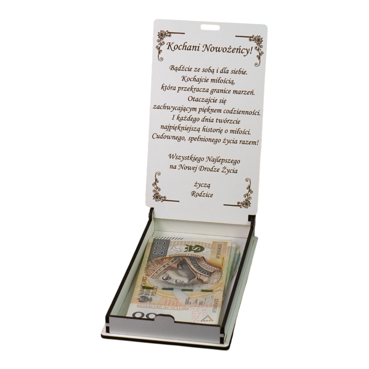 Personalizowane pudełko ślubne na pieniądze z grawerowanymi życzeniami w środku