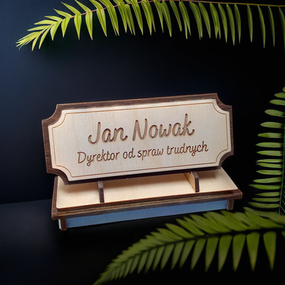 Wooden desk plaque with engraving