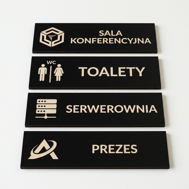 Czarna Tabliczka na Drzwi do Biura z Twoim Napisem i Logo UV – HDF 20x8 cm