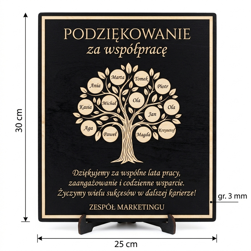 Czarna personalizowana tabliczka podziękowanie za współpracę Twój napis i grafika