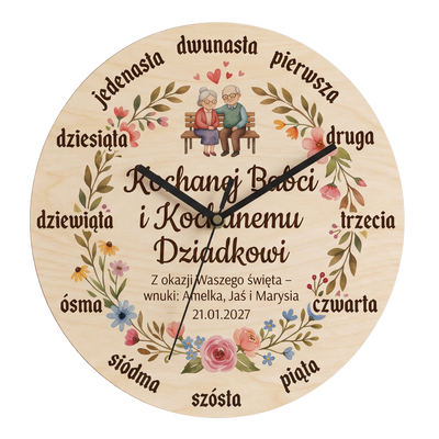 Drewniany zegar ścienny z własnym nadrukiem – pełna personalizacja tarczy 28 cm