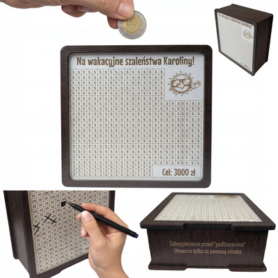 Skarbonka prezentowa 15x15 cm — personalizowana wykreślanka z celem i grafiką