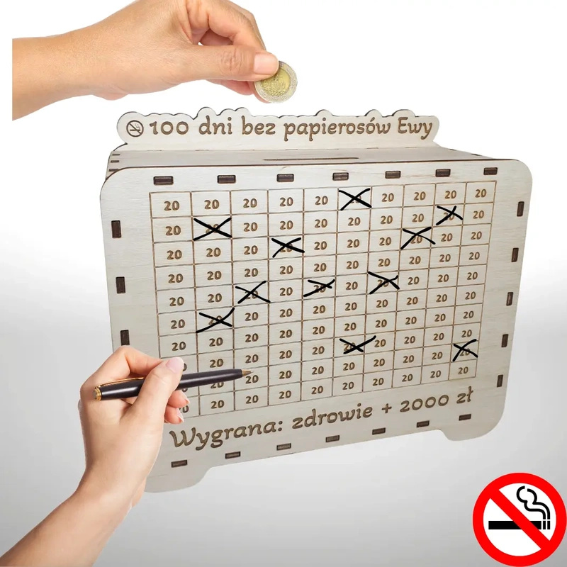 Wooden piggy bank with a target / crossword puzzle. Quit smoking.