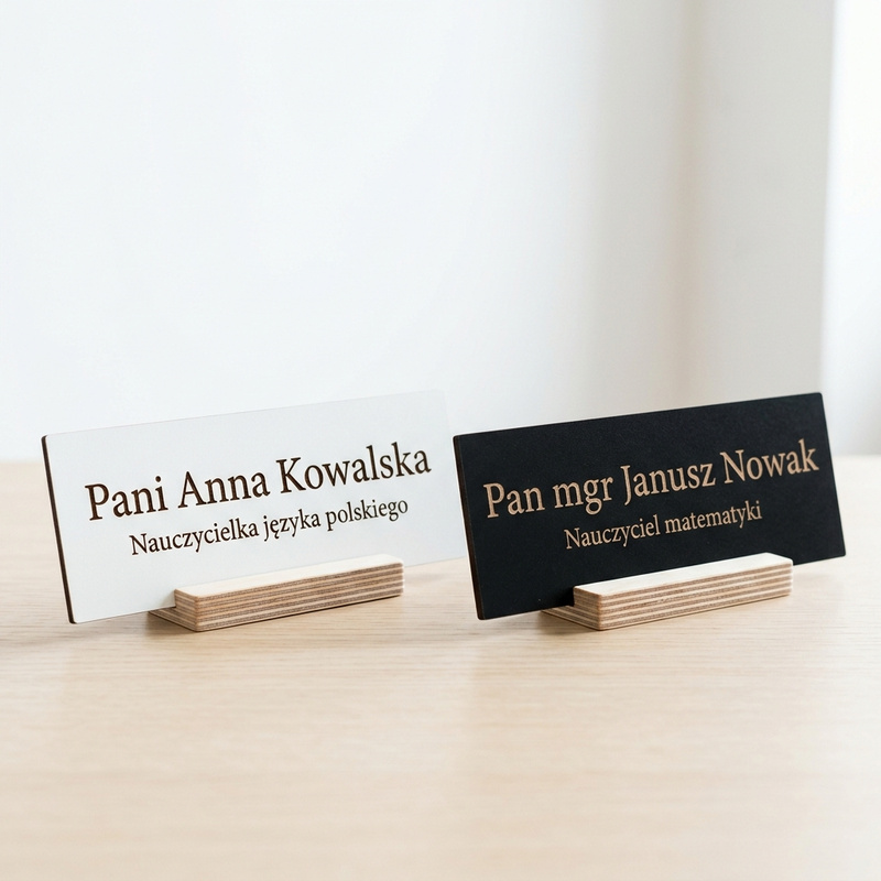 Personalizowana tabliczka na biurko dla nauczyciela z imieniem – HDF biały