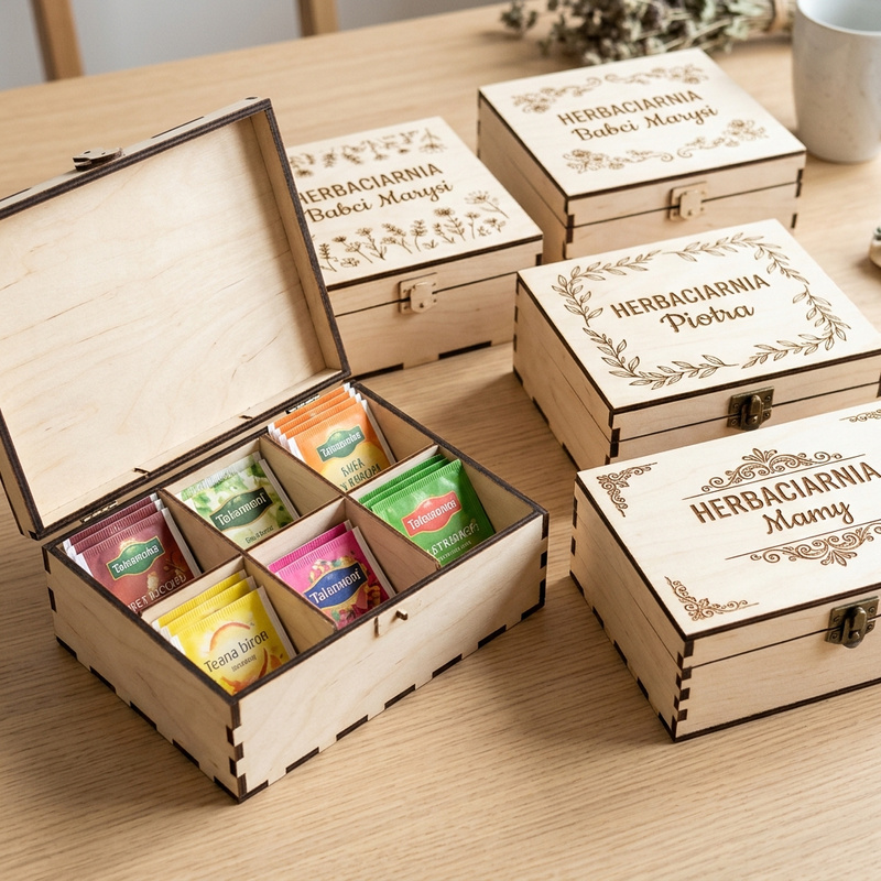 Skrzynka na herbatę z Twoim imieniem – personalizowany organizer 6 komór