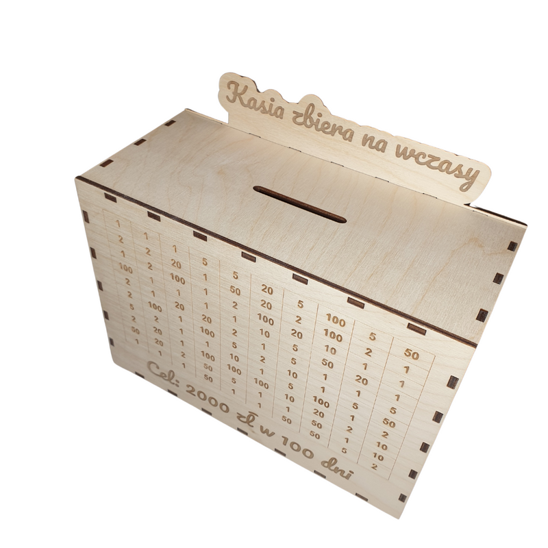 Wooden money box for saving money / crossed out. Personalized.