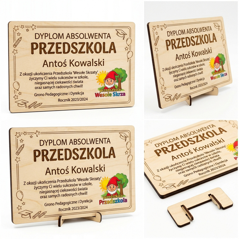 Drewniany dyplom Absolwent Przedszkola z imieniem dziecka – pamiątka ze sklejki