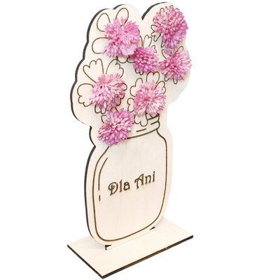 Wooden bouquet of dark pink flowers with dedication