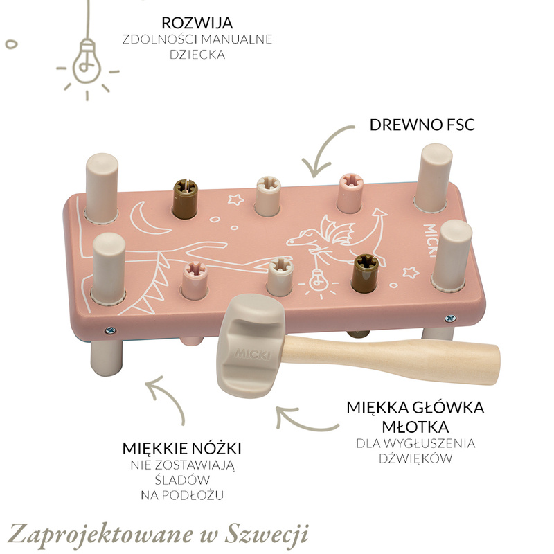 Drewniana przebijanka z gumowym młotkiem różowa, wbijanka, zabawka, Micki