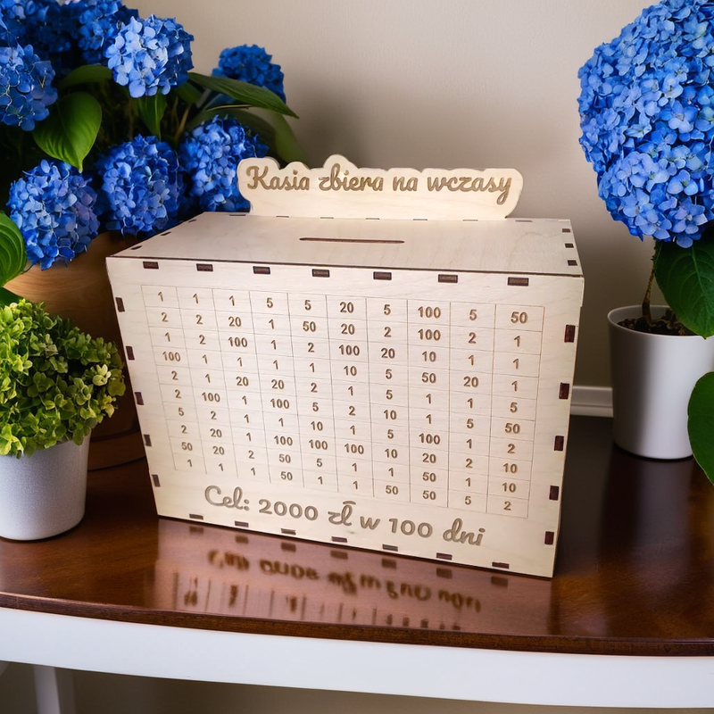 Wooden money box for saving money / crossed out. Personalized.