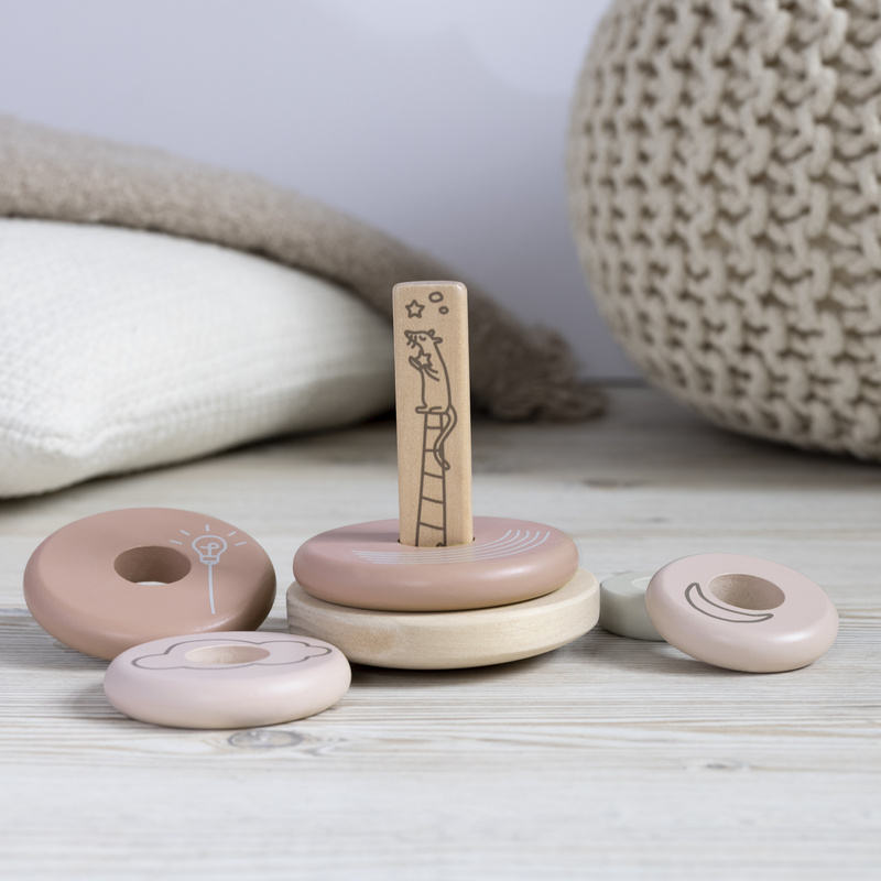 Drewniana układanka różowa piramida, zabawka nakładanka, kółka nauka, Micki
