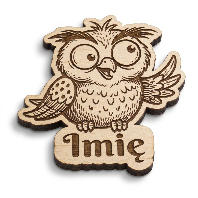 Magnes drewniany personalizowany z Twoim imieniem „Sówka” — 8 cm