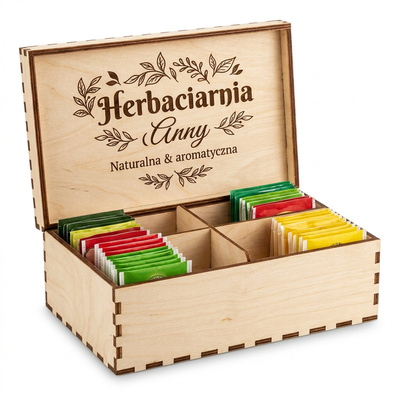 Skrzynka na herbatę z Twoim imieniem – drewniany organizer 4 komory
