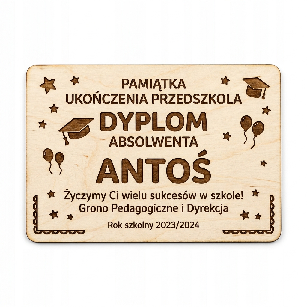 Drewniany dyplom Absolwent Przedszkola z imieniem dziecka – pamiątka ze sklejki