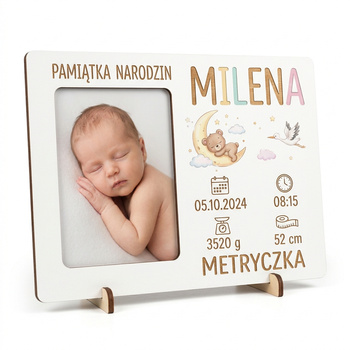 Biała Ramka Metryczka 13x18 cm Personalizowana z Danymi Dziecka i Twoim Napisem