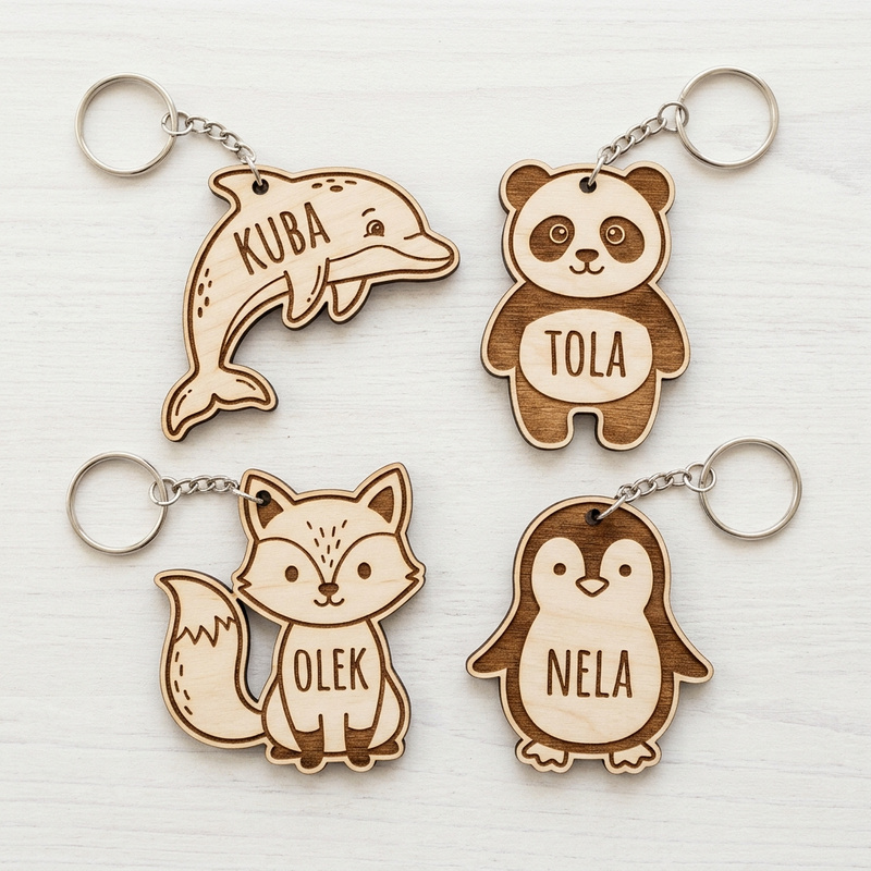 Drewniany brelok z Twoim imieniem Delfin — personalizowana zawieszka do plecaka