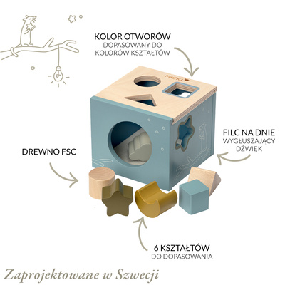 Drewniany sorter kształtów niebieski, zabawka edukacyjna dla dzieci, Micki