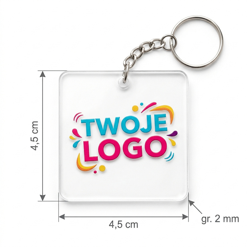 Personalizowany brelok reklamowy z Twoim logo – przezroczysta plexi z nadrukiem UV
