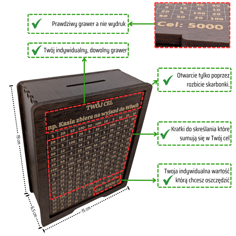 Skarbonka wykreślana - personalizowana, z twoim celem i kwotą. Tracker / wyzwanie na prezent. Wenge.