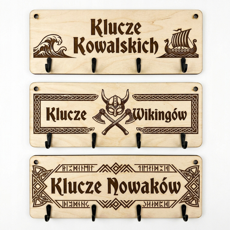 Personalizowany wieszak na klucze ze sklejki z Twoim nazwiskiem Drewniany Wiking