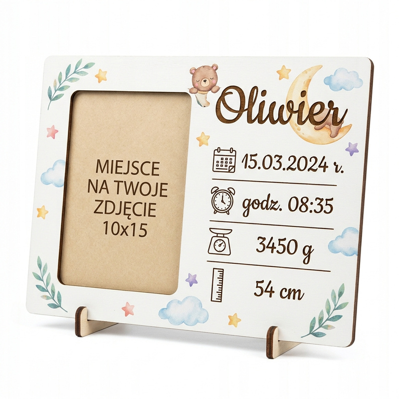 Personalizowana Ramka Metryczka Dziecka 10x15 cm Biała z Twoimi Danymi