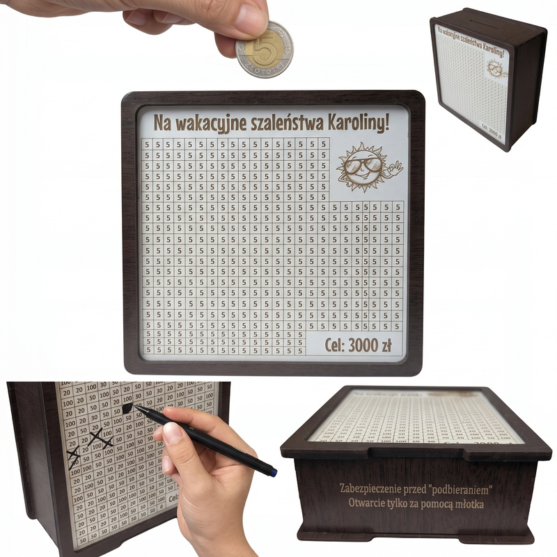 Skarbonka prezentowa 15x15 cm — personalizowana wykreślanka z celem i grafiką