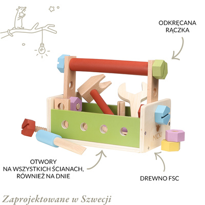 Drewniane narzędzia, zabawka dla dzieci, zestaw małego majsterkowicza Micki