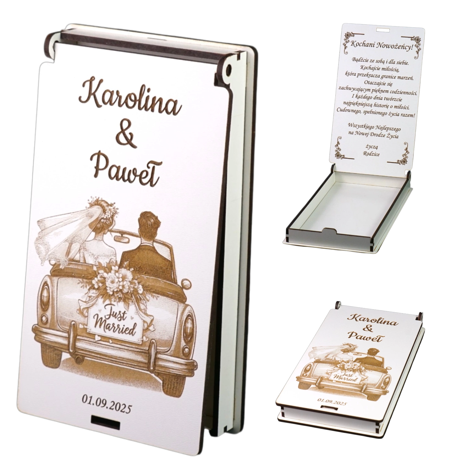 Białe pudełko personalizowane na pieniądze z okazji ślubu z grawerem daty
