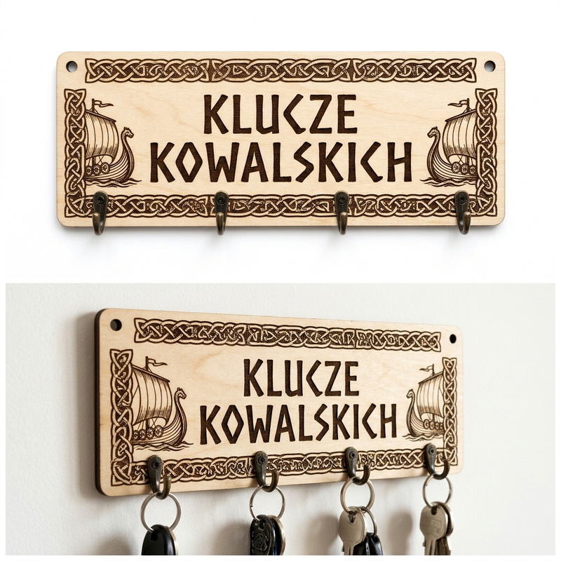 Personalizowany wieszak na klucze ze sklejki z Twoim nazwiskiem Drewniany Wiking