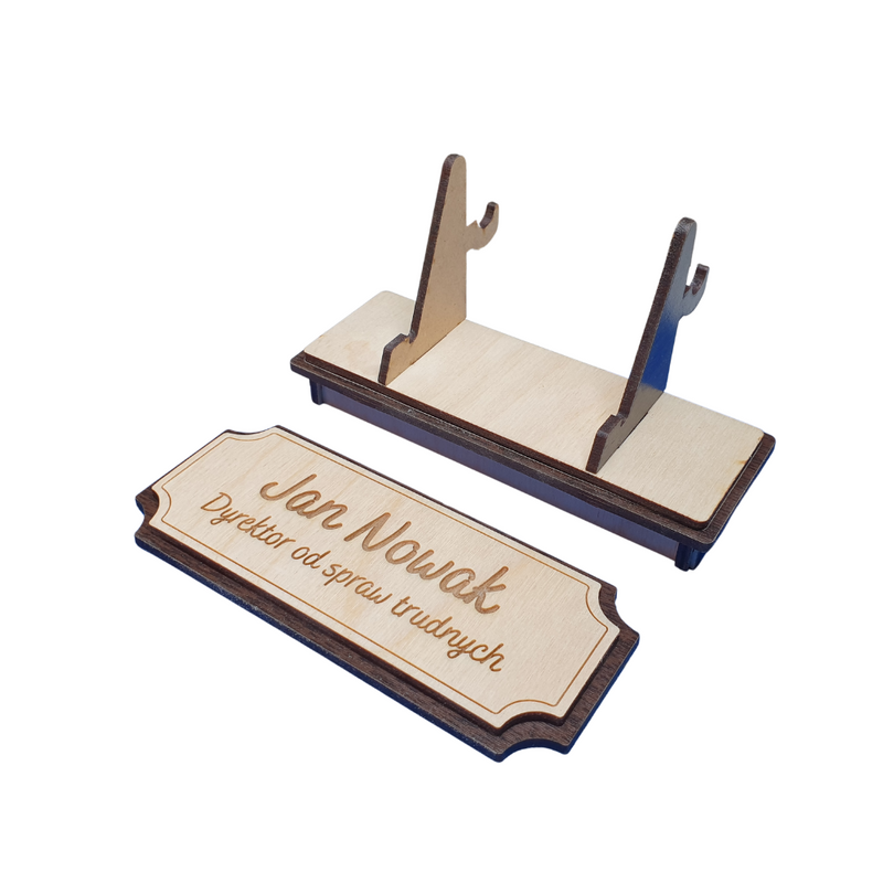 Wooden desk plaque with engraving