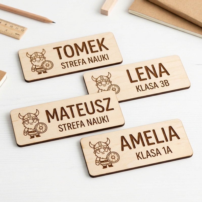 Personalizowana tabliczka na biurko ucznia z Twoim imieniem Drewniany Wiking