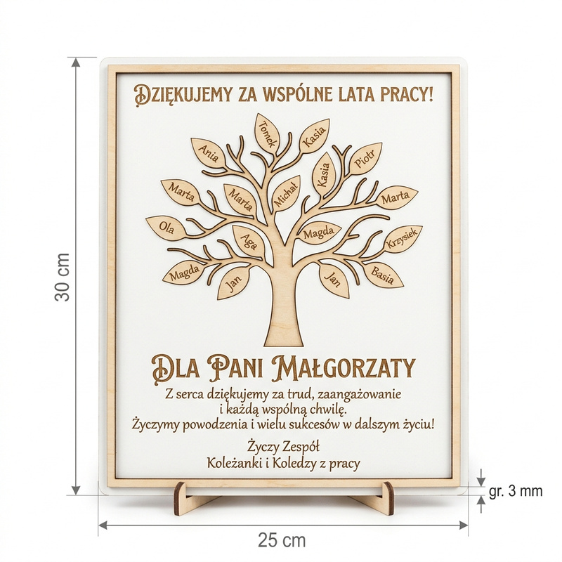 Biała personalizowana tabliczka podziękowanie za pracę z Twoim napisem i imionami
