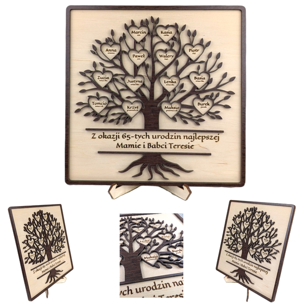 Drzewko w ramce - personalizowane z życzeniami, 1-20 serduszek. Drewno/Wenge
