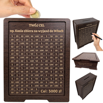 Skarbonka wykreślana - personalizowana, z twoim celem i kwotą. Tracker / wyzwanie na prezent. Wenge.