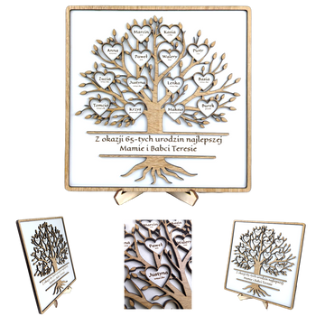 Drzewko w ramce - personalizowane z życzeniami, 1-20 serduszek. Biały/dąb