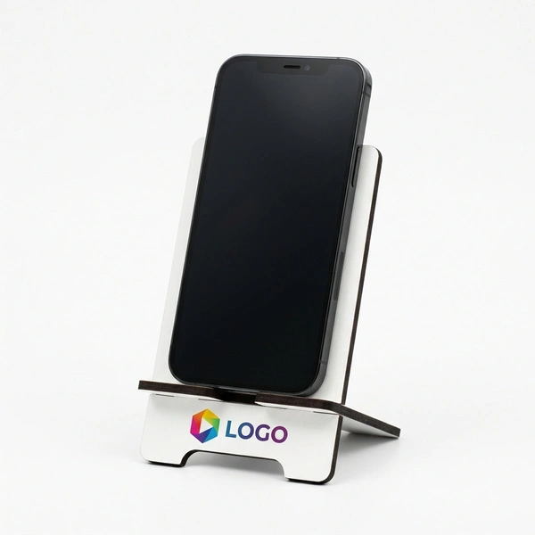 Biała podstawka pod telefon z Twoim kolorowym logo UV – personalizowany stojak biurkowy