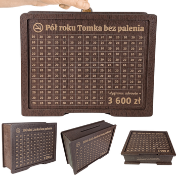 Skarbonka wykreślana "Rzuć palenie" - personalizowana, z twoim celem i kwotą. Wenge