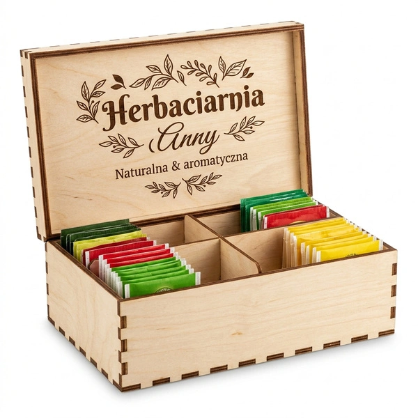 Skrzynka na herbatę z Twoim imieniem – drewniany organizer 4 komory