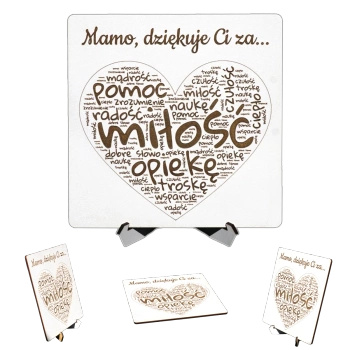 Biała tabliczka z sercem - z twoimi życzeniami - kwadratowa z podstawką