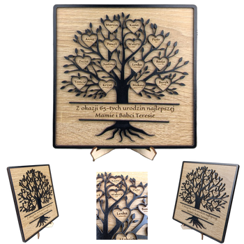 Drzewko w ramce - personalizowane z życzeniami, 1-20 serduszek. Dąb/Czarny