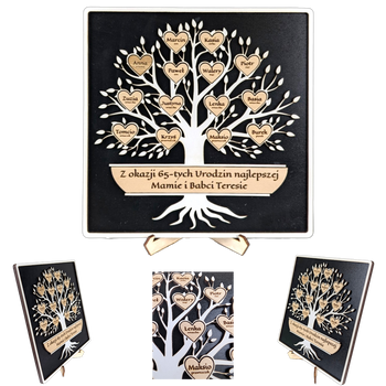 Drzewko w ramce - personalizowane z życzeniami, 1-20 serduszek. Czarno/Białe