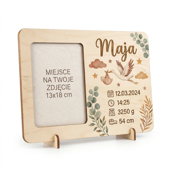 Drewniana Ramka Metryczka z Twoim Imieniem i Danymi Dziecka 13x18 cm Boho