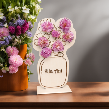 Drewniany bukiet kwiatów ciemnoróżowych z dedykacją