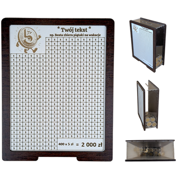 Skarbonka na 5 zł z przezroczystymi bokami, wykreślananka biała/wenge