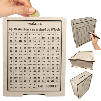 Skarbonka wykreślana - personalizowana, z twoim celem i kwotą. Tracker / wyzwanie na prezent. Drewniana.