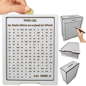 Skarbonka wykreślana - personalizowana, z twoim celem i kwotą. Tracker / wyzwanie na prezent. Biała