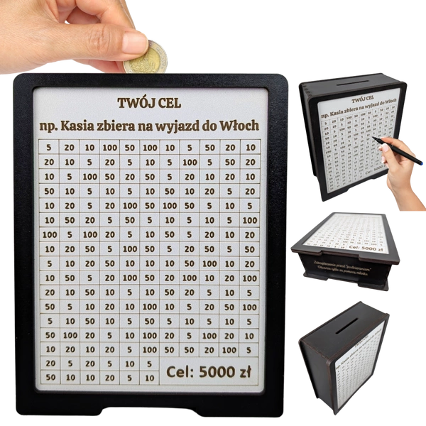 Skarbonka z twoim celem. Wyzwanie - oszczędzanie. Czarno-biała